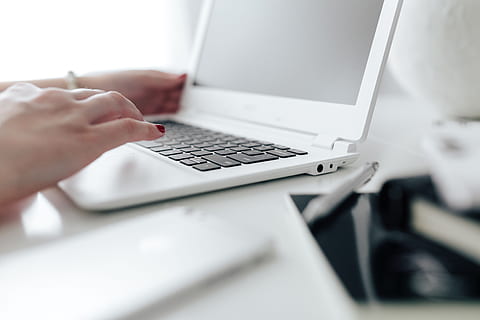 workplace, laptop, table, home, interior, minimal, minimalist, minimalism, room, white, office, workspace, tech, computer, technology, work, scandi, scandinavian, indoors, white laptop, home office, wireless technology, communication, human hand, connection, hand, computer keyboard, computer equipment, typing, keyboard, working, adult, business, human body part, selective focus, using laptop, close-up, using computer, computer monitor, finger, 4K