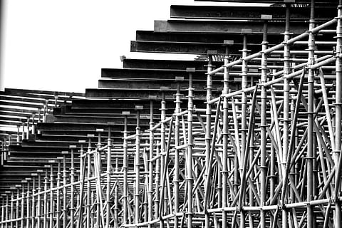 construction, construction site, build, work, laborer, city, development, built structure, architecture, no people, pattern, low angle view, building exterior, day, metal, nature, sky, staircase, railing, clear sky, outdoors, building, steps and staircases, auto post production filter, repetition, in a row, complexity, place, 4K, CC0, public domain, royalty free