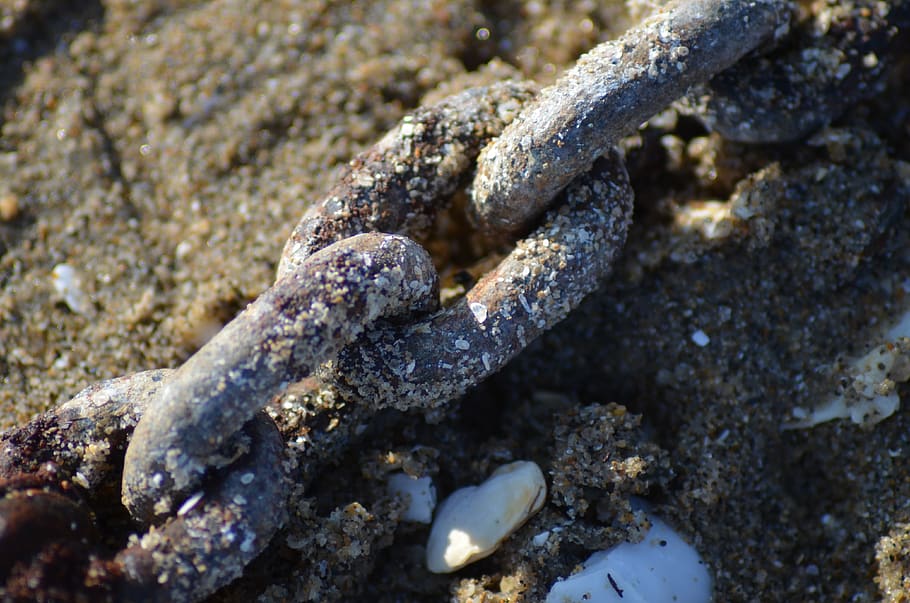 Verknüpfung, Zeichenfolge, Anker, Metall, Verbindung, Häftling, Vorhängeschloss, Boot, Angeln, Sand, Meer, Ozean, stehlen, anbinden, marinieren, Nahansicht, keine Leute, Kette, Tag, Natur, rostig, texturiert, Stärke, solide, selektiver Fokus, Rock, High Angle View, Rock - Objekt, draußen, Land, verwittert, Detail, Vollbild, 4K