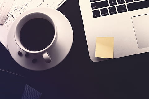 work desk, desk., coffee, documents, laptop, cup, mug, note, adhesive note, coffee cup, drink, computer, technology, food and drink, paper, coffee - drink, table, reminder, no people, communication, computer equipment, studio shot, office, business, black background, keyboard, crockery, blank, 4K, CC0, public domain, royalty free