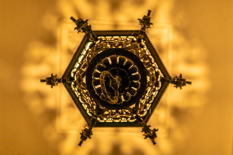 lamp, yellow, no people, gold, gold colored, close-up, religion, studio shot, indoors, design, belief, pattern, hanging, spirituality, shape, ornate, creativity, wealth, craft, crown, jewelry, royalty, luxury, directly below, 4K, CC0, public domain, royalty free
