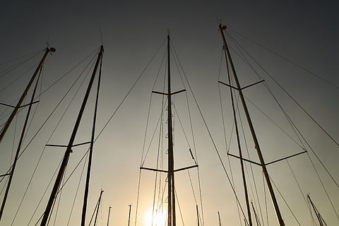 sailboat, direct, sunset, romantic, solar, marine, boat, sail, ship, holiday, maritime, sky, boats, wind, adventure, travel, landscape, summer, nature, go, atmosphere, rest, silent, autumn, away, low angle view, mast, no people, silhouette, pole, technology, cable, nautical vessel, connection, architecture, built structure, tall - high, fuel and power generation, complexity, outdoors, clear sky, power supply, rigging, 8K, CC0, public domain, royalty free