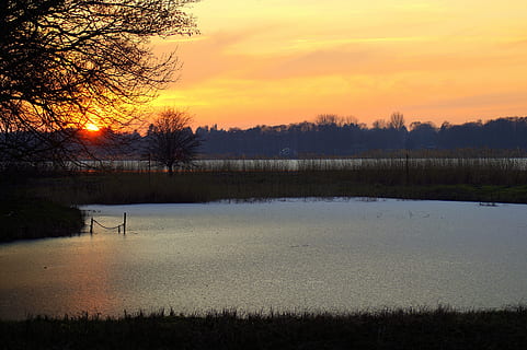 solnedgang, belysning, Abendstimmung, tusmørke, vinter, sø, is, efterglød, natur, atmosfærisk, hvile, idyl, idyllisk, lempelse, Mecklenburg, himmel, vand, træ, skønhed i naturen, rolig scene, ro, scenics - natur, plante, orange farve, sky - himmel, afspejling, ingen mennesker, ikke-urbane scene, silhuet, sol, udendørs, romantisk himmel, 5K, CC0, offentligt domæne, royaltyfrie