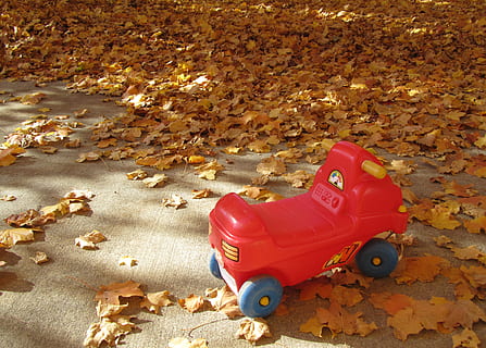 vallen, bladeren, speelgoed-, pad, kinderjaren, verandering, rood, speelgoedauto, herfst, land-, blad, deel van de plant, hoge hoekmening, natuur, dag, strand, zand, buitenshuis, wijze van transport, stilleven, Oranje kleur, vervoer, 4K, CC0, publiek domein, royaltyvrij