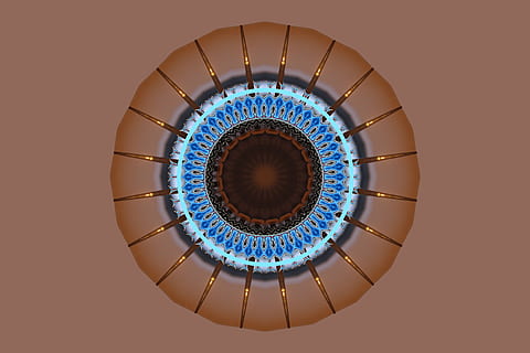 forma, cerchio, il giro, design, mandala, modello, decorazione, forma geometrica, in casa, girato in studio, direttamente sotto, nessuno, architettura, Inquadratura dal basso, struttura costruita, attrezzatura per l'illuminazione, blu, cupola, illuminato, ritagliare, soffitto, copia spazio, 5K, CC0, dominio pubblico, privo di copyright