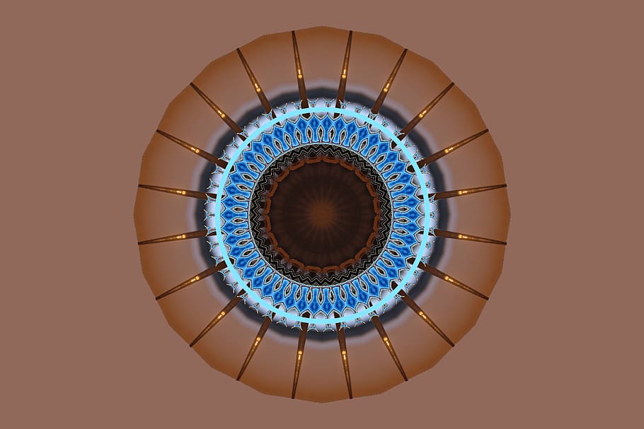 forma, cercle, rodó, disseny, mandala, patró, decoració, forma geomètrica, a l'interior, tir de l'estudi, directament a sota, cap gent, arquitectura, vista d’angle baix, estructura construïda, equips d’il·luminació, blau, cúpula, il·luminat, tallar, sostre, còpia espai, 5K