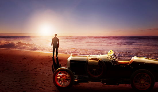 solnedgang, hav, oldtimer, mand, sand, strand, fodspor, belysning, ensom, stille, bred, hvile, humør, følelser, vand, surf, bølge, baggrundsbelysning, sol, himmel, tusmørke, foto manipulation, god udsigt, solopgang, ferier, transportmidler, transportform, en person, stående, fuld længde, rejse, jord, horisont, natur, skønhed i naturen, voksen, horisont over vand, fritidsaktivitet, bagfra, udendørs, frihed, kigger på visning, tur, 5K, CC0, offentligt domæne, royaltyfrie