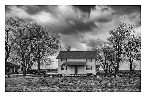 stromy, ranč, mraky, oklahoma, route66, bandw, architektura, stavba, strom, exteriér budovy, budova, automatický post produkční filtr, holý strom, mrak - nebe, nebe, Dům, rostlina, přenos tisku, Příroda, přistát, nikdo, pole, krajina, životní prostředí, Domov, venku, 5K, CC0, veřejná doména, bez autorských práv