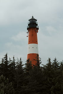 Orange, Weiß, Leuchtturm, Himmel, Turm, wolkig, Baum, Kiefer, windig, kalt, Strand, großer Leuchtturm, Wald, Beratung, Sicherheit, Gebäudehülle, Pflanze, die Architektur, gebaute Struktur, Schutz, Natur, Gebäude, Flachwinkelansicht, Richtung, keine Leute, Tag, wolke - himmel, draußen, 4K, CC0, gemeinfrei, lizenzfrei