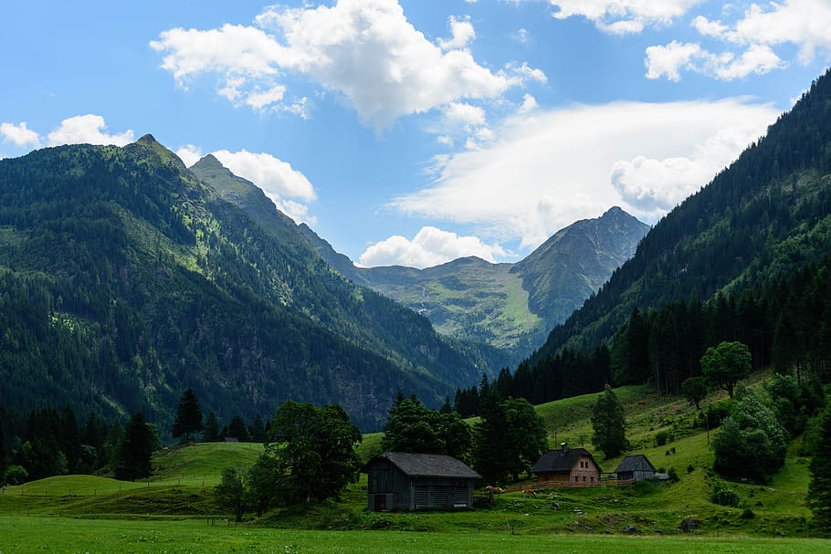 šedá, Dům, zelená, pole, vysokohorský, Alpy, mraky, denní světlo, les, tráva, túra, kopec, krajina, hora, Příroda, scenérie, scénický, nebe, letní, stromy, údolí, scenics - příroda, krása v přírodě, mrak - nebe, strom, klidné scény, rostlina, mimoměstské scény, klid, pohoří, životní prostředí, zelená barva, nikdo, idylický, přistát, den, architektura, venku, horský vrchol, 5K