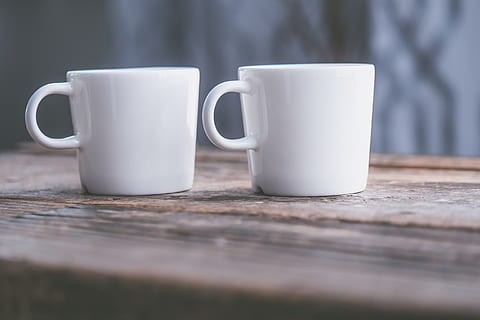 two white teacups, table, food and drink, white color, coffee cup, mug, wood - material, cup, selective focus, coffee, drink, close-up, still life, refreshment, coffee - drink, no people, ceramics, hot drink, indoors, two objects, day, surface level, crockery, non-alcoholic beverage, tea cup, 4K, CC0, public domain, royalty free