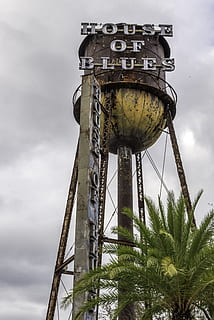 tower, water, memory, old, metal, sky, cloud - sky, nature, low angle view, day, architecture, plant, tree, built structure, tall - high, water tower - storage tank, palm tree, no people, outdoors, tropical climate, growth, communication, building exterior, water conservation, 5K, CC0, public domain, royalty free