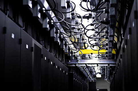 computers, computer, wires, data, datacenter, architecture, built structure, no people, building, indoors, metal, yellow, electricity, in a row, industry, technology, connection, safety, security, day, cable, focus on foreground, business, network server, ceiling, 4K, CC0, public domain, royalty free