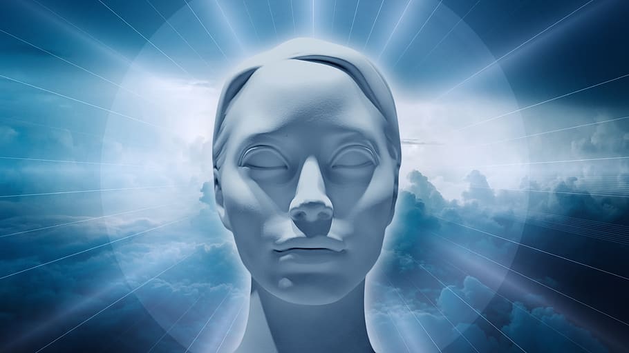 cap, màscara, cara, núvols, cel, llum, silueta, esperit, ànima, religió, meditació, fe, tecnologia, futurista, compost digital, connexió, adult, una persona, part del cos humà, tirada al cap, part del cos, tir de l'estudi, brillant, ulls tancats, retrat, blau, Internet, rostre humà, dones, vista frontal, cyborg, tecnologia sense fils, ciberespai, contemplació, robot, 4K