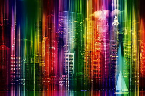 Horizont, Licht, Strahlen, Glanz, Aktualisierung, Verzerrung, Innenstadt, New York, Manhattan, Hudson, Wolkenkratzer, städtisch, New York City, Stadt, mehrfarbig, beleuchtet, glühend, Langzeitbelichtung, Muster, abstrakt, Nacht-, Bewegung, keine Leute, Licht - natürliches Phänomen, Neon-, pinke Farbe, Technologie, lebendige Farbe, Bewegungsunschärfe, Nachtleben, Reflexion, Lichtanlage, rot, drinnen, lila, hell, Helligkeit, fließend, neonfarben, 5K, CC0, gemeinfrei, lizenzfrei