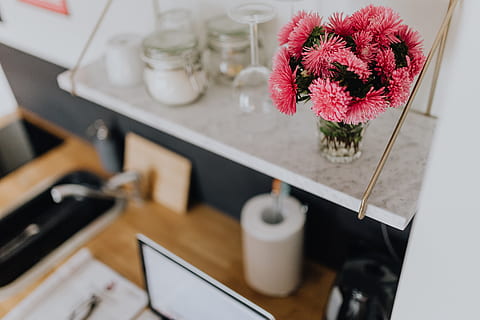 hermoso, Fresco, rosado, las flores, estante de mármol, flora, computadora, macbook, ordenador portátil, floreciente, ramo de flores, cocina, planta, flor, adentro, planta floreciendo, florero, nadie, interior de la casa, casa, naturaleza, equipo doméstico, cuarto doméstico, estante, lavabo, enfoque selectivo, envase, cocina domestica, mesa, frescura, tarro, bandeja, pequeña, maceta, 5K, CC0, dominio público, libre de derechos