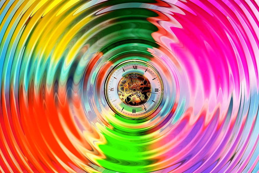 color, cercle, onada, rellotge, temps, atemporal, resum, fons, disseny, patró, marc, decoratiu, colorit, multicolor, forma geomètrica, forma, cap gent, primer pla, a l'interior, moviment, directament a sobre, marc complet, parc infantil, espiral, arc de Sant Martí, moviment borrós, remolí, concèntric, compost digital, 5K
