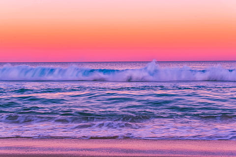las olas del mar, playa, amanecer, fondos de escritorio, oscuridad, papel pintado, fondo de pantalla hd, horizonte, fondo de pantalla de mac, naturaleza, Oceano, al aire libre, arena, mar, marina, costa, apuntalar, cielo, puesta de sol, olas, agua, movimiento, ola, horizonte sobre el agua, belleza en la naturaleza, paisajes - naturaleza, deporte acuático, deporte, surf, color rosa, tierra, púrpura, poder en la naturaleza, 5K, CC0, dominio público, libre de derechos
