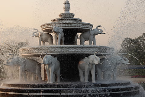 fountain, architecture, creativity, representation, water, animal, art and craft, day, sculpture, animal themes, spraying, no people, statue, elephant, nature, mammal, built structure, motion, group of animals, outdoors, flowing water, 2K, CC0, public domain, royalty free