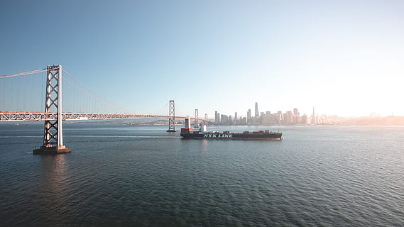 bridge during daytime, transportation, water, architecture, built structure, city, sky, suspension bridge, connection, travel destinations, waterfront, sea, travel, nature, copy space, bridge - man made structure, bridge, tourism, no people, nautical vessel, outdoors, skyscraper, cityscape, bay, office building exterior, 5K, CC0, public domain, royalty free