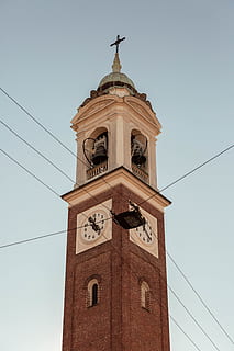 chruch, tower, clocktower, clock, time, watch, bells, cross, intersection, built structure, architecture, building exterior, low angle view, sky, building, clock tower, nature, clear sky, place of worship, no people, belief, religion, cable, day, tall - high, spire, 5K, CC0, public domain, royalty free