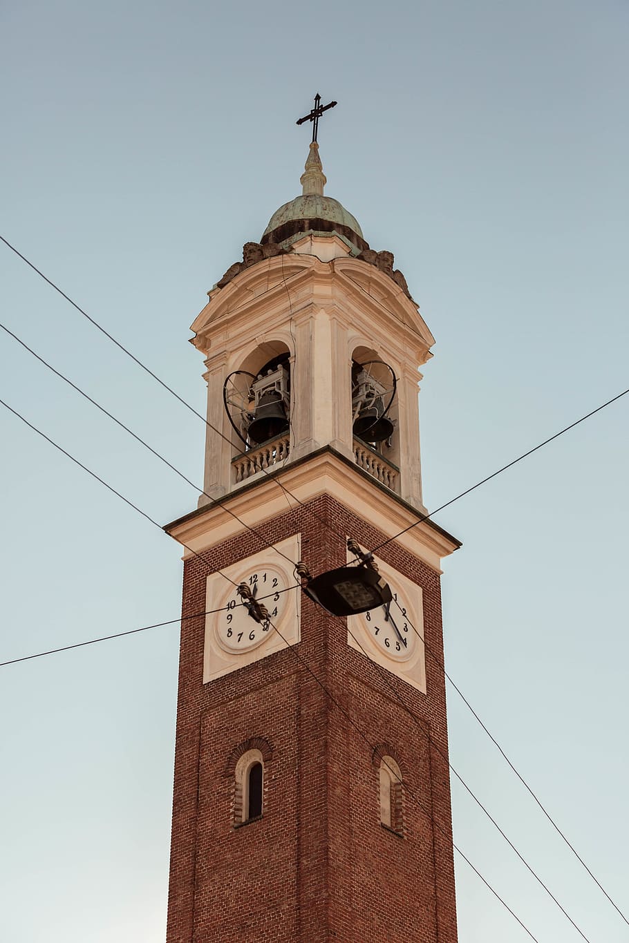 chruch, tower, clocktower, clock, time, watch, bells, cross, intersection, built structure, architecture, building exterior, low angle view, sky, building, clock tower, nature, clear sky, place of worship, no people, belief, religion, cable, day, tall - high, spire, 5K