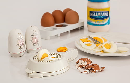 hellmanks glass jar, beside, white, egg rack, cholesterol, egg slicer, eggs, eggshell, food, hard boiled, healthy, kitchen, meal, nutrition, nutritious, protein, shell, snack, yolk, food and drink, egg, freshness, still life, healthy eating, wellbeing, indoors, no people, container, table, plate, focus on foreground, large group of objects, text, close-up, drink, white background, refreshment, fruit, breakfast, 5K, CC0, public domain, royalty free