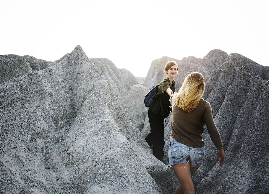two, woman, walking, sands, active, activity, adventure, backpack, backpacker, backpacking, casual, climb, enjoy, dom, friends, friendship, fun, girls, happiness, help, hill, holiday, journey, joyful, landscape, leisure, lifestyle, mountain, nature, peak, people, rock, romantic, smile, smiling, summer, support, together, togetherness, tourism, vacation, voyage, weekend, real people, lifestyles, leisure activity, casual clothing, three quarter length, women, sky, two people, adult, young women, young adult, standing, men, emotion, day, couple - relationship, positive emotion, outdoors, hairstyle, 5K