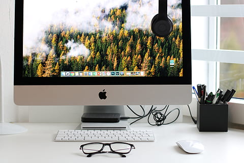 turned, silver imac, might, mouse, keyboard, computer keyboard, contemporary, desk, electronics, equipment, headphones, home office, homeoffice, indoors, internet, mac, modern, monitor, office accessories, office equipment, office supplies, organised, organized, pencil, pens, room, screen, technology, table, computer, no people, plant, computer equipment, furniture, computer monitor, tree, connection, desktop pc, still life, communication, laptop, nature, wireless technology, electric lamp, 5K, CC0, public domain, royalty free