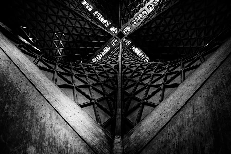 architektura, budova, vzor, ornament, okno, střešní okno, fraktální, osvětlení, koridor, trojúhelník, beton, symbol, konstrukce, vězení, přejít, apsida, spirála, průsečík, silnice, nástěnná malba, stavba, nikdo, kov, exteriér budovy, den, venku, nízký úhel pohledu, dřevo - materiál, detail, design, zábradlí, bezpečnostní, ochrana, architektonický prvek, Příroda, strop, přímo pod, 5K