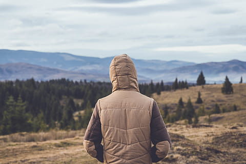 person, bär, brun, huvjacka, stående, kulle, träd, dagsljus, miljö, gräs, jacka, landskap, bergskedja, bergen, trän, bakåtsikt, berg, scenics - natur, skönhet i naturen, livsstilar, icke-urbana scenen, natur, en person, riktiga människor, himmel, lugn plats, fritidsaktivitet, fokusera på förgrunden, lugn, dag, landa, utomhus, huva - kläder, tittar på vyn, 5K, CC0, offentligt domän, royaltyfria