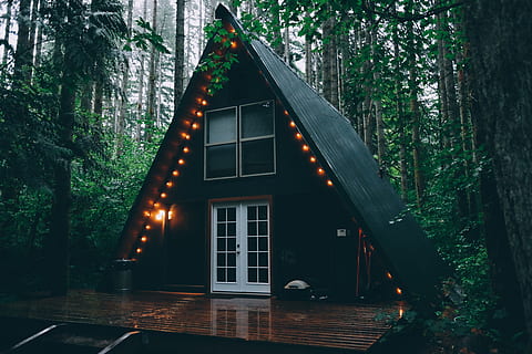 Kabine, Haus, Glühbirne, Beleuchtung, Wald, Natur, Camping, Bäume, Blätter, Holz, die Architektur, Baum, gebaute Struktur, Gebäude, Pflanze, Gebäudehülle, Fenster, beleuchtet, keine Leute, draußen, Nacht-, Lichtanlage, Wohngegend, Holz - Material, Tabelle, Eingang, Reflexion, 4K