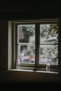 two, milk glasses, placed, window, frame, shadow, bottle, pane, glass, glass - Material, winter, home Interior, window Sill, house, looking Through Window, indoors, no People, snow, domestic Room, decoration, christmas, season, wood - Material, nature, white, 5K, CC0, public domain, royalty free