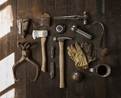 tools, work, worker, construction, collection, metal, heavy, job, hammer, axe, wood - material, work tool, tool, hand tool, still life, indoors, no people, table, choice, workshop, variation, large group of objects, equipment, directly above, high angle view, hanging, old, wrench, spanner, 5K, CC0, public domain, royalty free