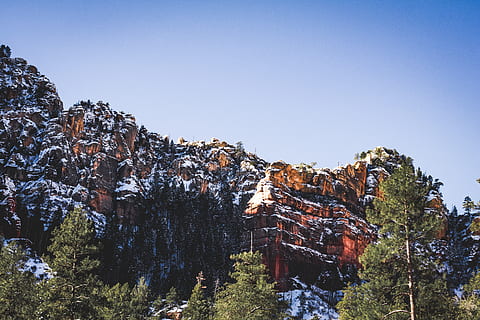 montagna, circondato, alberi, pianta, albero, abies, abete, conifera, slide rock state park, stati Uniti, sedona, az, all'aperto, natura, la neve, Sedona, scogliere, parco, Arizona, abete rosso, costruzione, cielo, giorno, nessuno, cielo sereno, bellezza nella natura, scenics - natura, Inquadratura dal basso, inverno, la tranquillità, temperatura fredda, terra, scena non urbana, architettura, Pino, albero di conifere, bosco di pini, 5K, CC0, dominio pubblico, privo di copyright