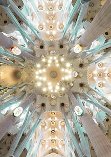 fotografia d'angle baix, aranya, blau, amunt, sostre, llum, arquitectura, a l'interior, antonio gaudi, sagrada família, patró, finestra, Dins de, decoració, Església, estructura construïda, religió, catedral, lloc famós, cultures, història, art, cap gent, barcelona - espanya, arquitectura i edificis, 5K, CC0, domini públic, lliure de regalies
