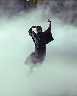 people, man, run, dancing, rain, fog, water, smoke - physical structure, full length, one person, arts culture and entertainment, adult, performance, clothing, motion, real people, skill, dress, fashion, outdoors, young adult, human arm, rear view, arms raised, 4K, CC0, public domain, royalty free