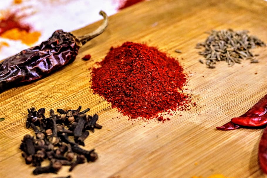 three, condiments, board, food and drink, food, spice, seasoning, ingredient, freshness, wood - material, indoors, ground - culinary, chili pepper, close-up, pepper, spoon, choice, variation, no people, dried food, still life, black peppercorn, red, herb, red chili pepper, wooden spoon, oregano, cardamom, 5K