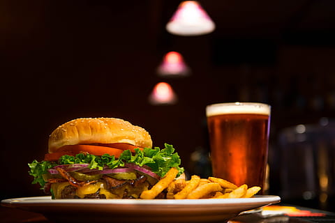 burger and beer, beer, burger, dish, drink, french fries, fries, glass, hamburger, meal, pub, pub food, food and drink, fast food, sandwich, unhealthy eating, food, ready-to-eat, prepared potato, meat, potato, vegetable, refreshment, alcohol, lettuce, bread, freshness, cheese, no people, bun, cheeseburger, beer glass, beef, snack, 5K
