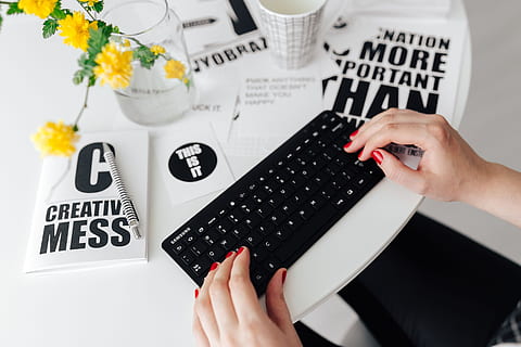 female, hands typing, remote, wireless, computer keyboard, minimal, minimalist, office, workspace, workplace, keyboard, desk, hands, typing, scandi, scandinavian, writing, type, writer, home office, female office, blogger, human hand, hand, indoors, one person, adult, human body part, high angle view, communication, text, holding, western script, flower, technology, calculator, business, table, food and drink, flower arrangement, 4K, CC0, public domain, royalty free