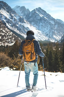 Mann, Tragen, Orange, Rucksack, Bergsteiger, kalt, Tageslicht, Wanderer, Wanderschuhe, Eis, Jacke, Landschaft, Bergsteigen, Gipfel, Berge, Natur, Person, szenisch, Himmel, Schnee, Sport, Bäume, Winter, kalte Temperatur, Berg, eine Person, Freizeitbeschäftigung, warme Kleidung, Kleidung, echte Menschen, Stehen, Rückansicht, Tag, Lebensstile, Gebirge, Abenteuer, in voller Länge, Männer, draußen, schneebedeckter Berg, 5K, CC0, gemeinfrei, lizenzfrei