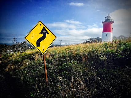 road signage, clouds, danger, direction, grass, guidance, landscape, lighthouse, safety, signal, sky, symbol, traffic, trafic, warning, sign, security, protection, communication, land, field, nature, tower, plant, road sign, no people, yellow, warning sign, built structure, outdoors, road warning sign, warning symbol, 1080P, CC0, public domain, royalty free