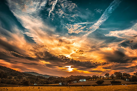orange, blue, skies, sunset, backlit, clouds, dark, dawn, daylight, dramatic, dusk, evening, evening sky, lake, landscape, light, nature, outdoors, scenic, silhouette, sky, storm, summer, sun, travel, trees, water, cloud - sky, scenics - nature, beauty in nature, dramatic sky, tranquil scene, tranquility, no people, environment, land, orange color, idyllic, non-urban scene, sunlight, moody sky, 5K, CC0, public domain, royalty free