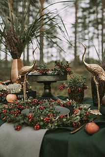 two, gold swan figurines, surrounded, mistletoes, decor, decorative, festive, table setting, table top, flowers, greenery, green leafs, plant, growth, freshness, flower, day, nature, fruit, flowering plant, food, food and drink, berry fruit, no people, selective focus, decoration, healthy eating, tree, beauty in nature, focus on foreground, red, close-up, 5K, CC0, public domain, royalty free