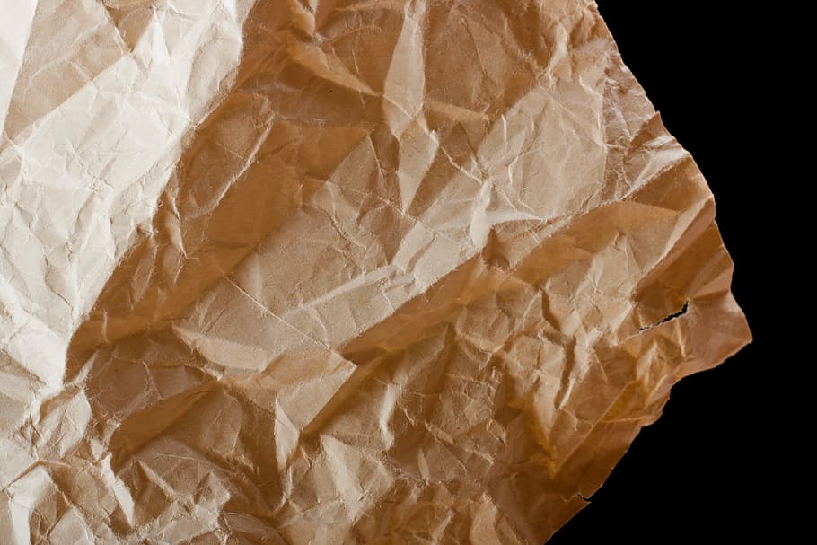 spiegazzato, danneggiato, sporco, vuoto, grunge, grungy, Materiale, vecchio, pagina, carta, graffiato, superficie, rugoso, giallo, girato in studio, sfondo nero, in casa, nessuno, strutturato, Marrone, sacchetto di carta, Colore bianco, carta marrone, carta stropicciata, piegato, tessile, copia spazio, ritagliare, avvicinamento, modello, Borsa, 4K