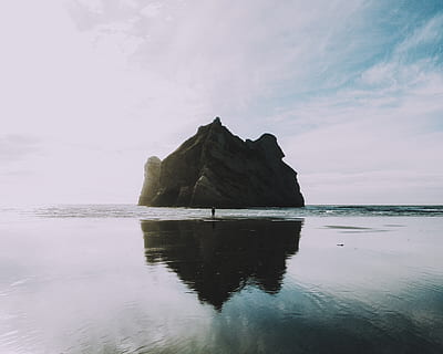 beach, water, reflection, ocean, sea, rocks, island, cliffs, sky, clouds, nature, beauty in nature, tranquility, scenics - nature, waterfront, tranquil scene, rock, idyllic, rock formation, rock - object, cloud - sky, solid, no people, day, land, outdoors, horizon over water, stack rock, 4K, CC0, public domain, royalty free