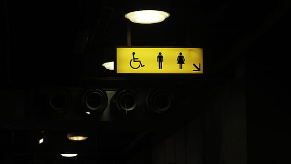 still, items, things, ceiling, light, sign, box, men, women, handicapped, bokeh, illuminated, communication, indoors, lighting equipment, no people, information, guidance, night, information sign, dark, text, low angle view, yellow, architecture, domestic room, public restroom, glowing, close-up, restroom sign, clock, 4K, CC0, public domain, royalty free