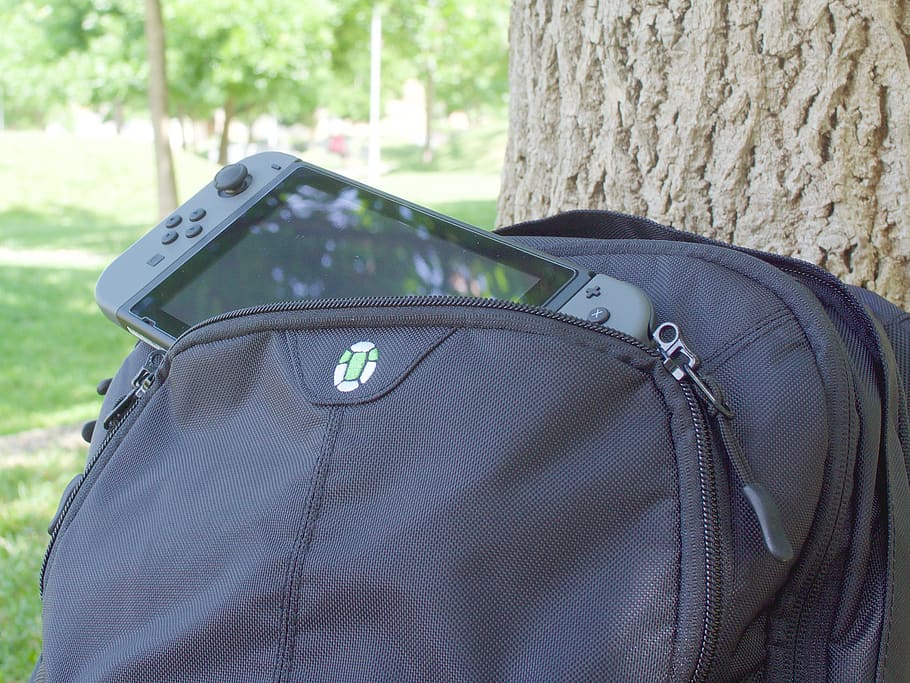 Nintendo, nintendo switch, consola, ordinador de mà, jocs, jugador, motxilla, tortuga, nòmada digital, parc, naturalesa, viatjar, viatjant, viatger, una persona, centrar-se en primer pla, dia, primer pla, roba, secció mitjana, homes, a l'aire lliure, roba casual, arbre, tronc, persones reals, tronc de l'arbre, perspectiva personal, part del cos humà, activitat d'oci, uniforme, accessori personal, texans, 2K
