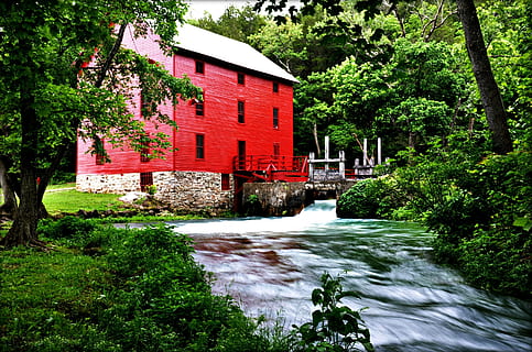gristmill, bangunan, tua, pabrik, menggiling, historis, indah, aliran, air, tengara, pedesaan, warisan, merah, pertanian, pemandangan, gang musim semi, missouri, Amerika Serikat, turis, pohon, Arsitektur, struktur yang dibangun, menanam, eksterior bangunan, tidak ada orang, alam, gerakan, hari, air mengalir, pertumbuhan, warna hijau, paparan panjang, di luar rumah, keindahan di alam, tepi laut, mengalir, 2K, CC0, domain publik, bebas royalti