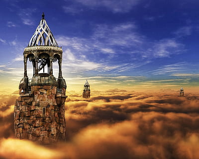 fantasy, castle, cloud, sky, tower, fairy, medieval, magic, fairytale, dream, architecture, mystery, old, ancient, kingdom, built structure, cloud - sky, place of worship, building exterior, religion, nature, belief, building, spirituality, history, the past, no people, travel destinations, outdoors, spire, 5K, CC0, public domain, royalty free